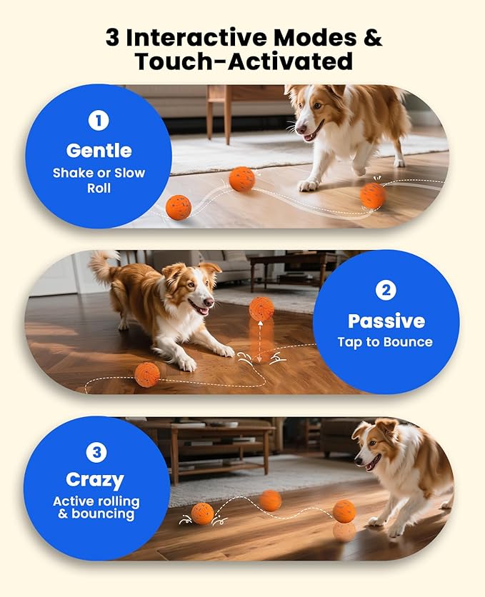 Smart Interactive Dog Toys, Automatic Moving Ball with 3 Lighting Modes, E-TPU Bouncy Balls for Dog Enrichment & Stimulation, Motion Activated Rolling Toy for Medium and Large Dogs Orange