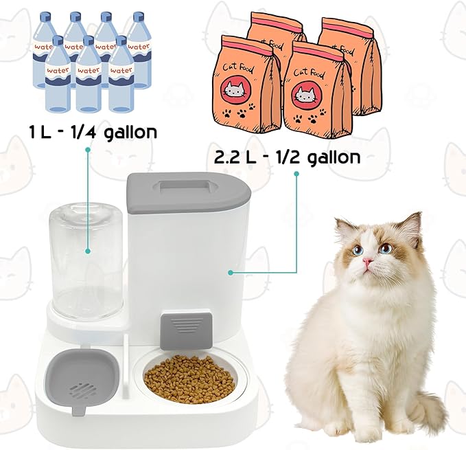 Fhiny Gravity Cat Feeder and Water Dispenser, 2 in 1 Automatic Pet Waterer Detachable Ceramic Food Bowls Set Pet Food Storage for Small Dog Puppy Cat Kitten Pet Easy Clean (Grey)