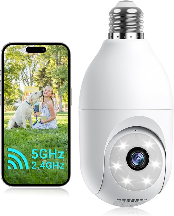 Light Bulb Security Camera Wireless Outdoor Indoor, 5G&2.4G WiFi Security Cameras with Patrol Function, AI Human Detection, Motion Tracking, Two-Way Talk, Color Night Vision, Alarm, 24/7 Recording