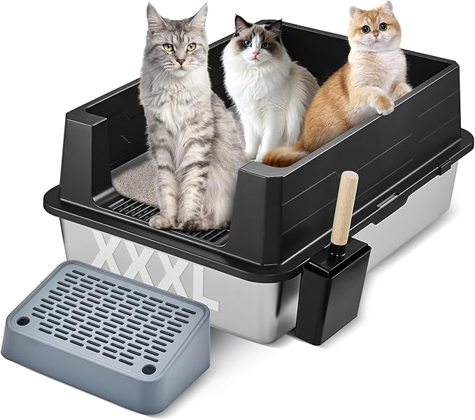 XXXL Extra Large Cat Litter Box,Stainless Steel Litter Box,Metal Litter Boxs with Hight Sides,with Pedal &Garbage Shovel,for Big Cats &Multiple Cats, Anti-Urine Leakage,Non-Stick,Easy Clean,Black.