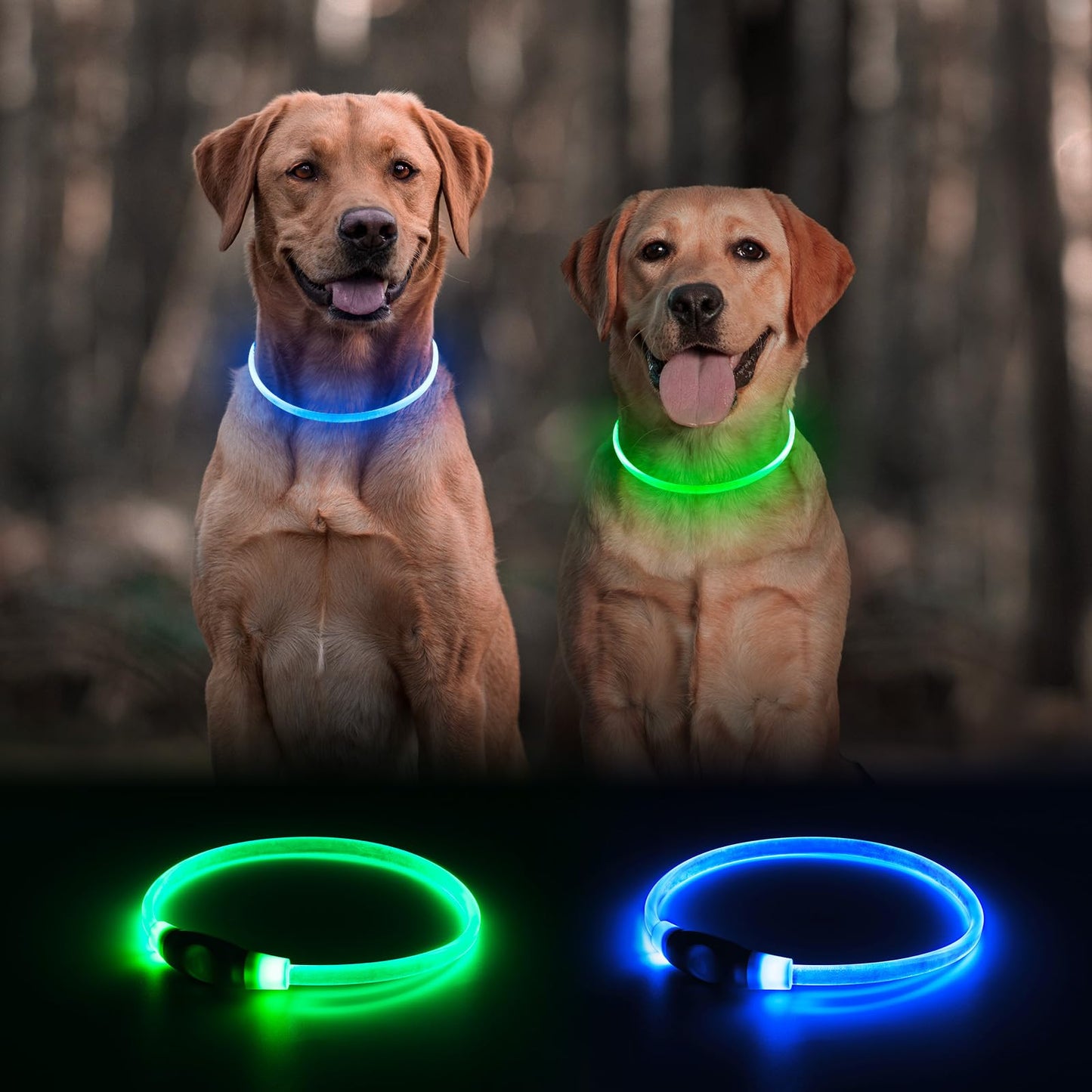 2 Packs Light Up Dog Collar, LED Dog Collar, USB Rechargeable Dog Lights for Night Walking, Adjustable Glow in The Dark Collars for Small Medium Large Dogs, Waterproof Safety Pets Lights Green&Blue