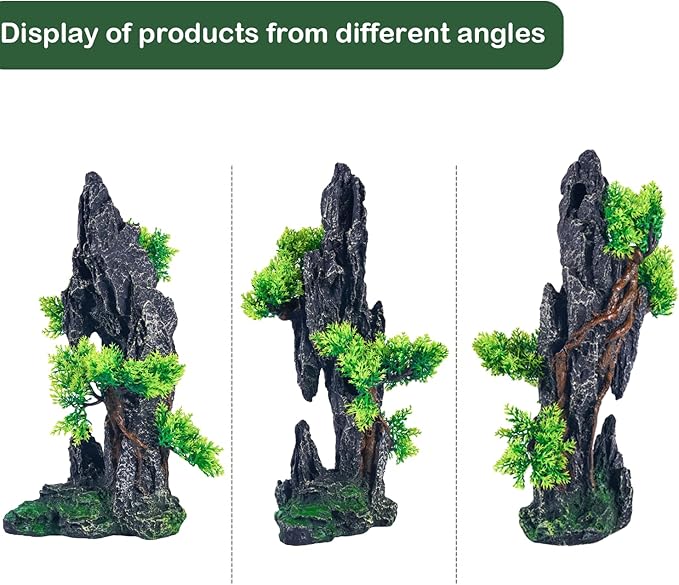 Large Fish Tank Decorations - Mountain View Aquarium Ornament with Tree House Cave Bridge,Mountain E