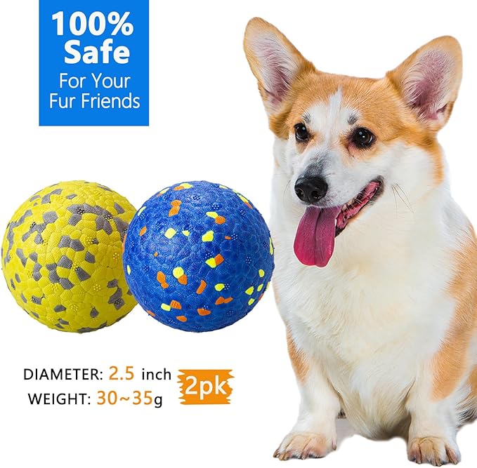Dog Tennis Balls for Aggressive Chewers, Indestructible Dog Balls for Fetch Game, Durable Bouncy Lightweight Floating Toys (1 Blue + 1 Yellow, Small (2.5" Diameter))
