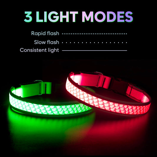 BiPawTi LED Dog Collar - Rechargeable, 3 Light Modes, Glow in The Dark for Night Walking, Large Dogs (Pink, L)