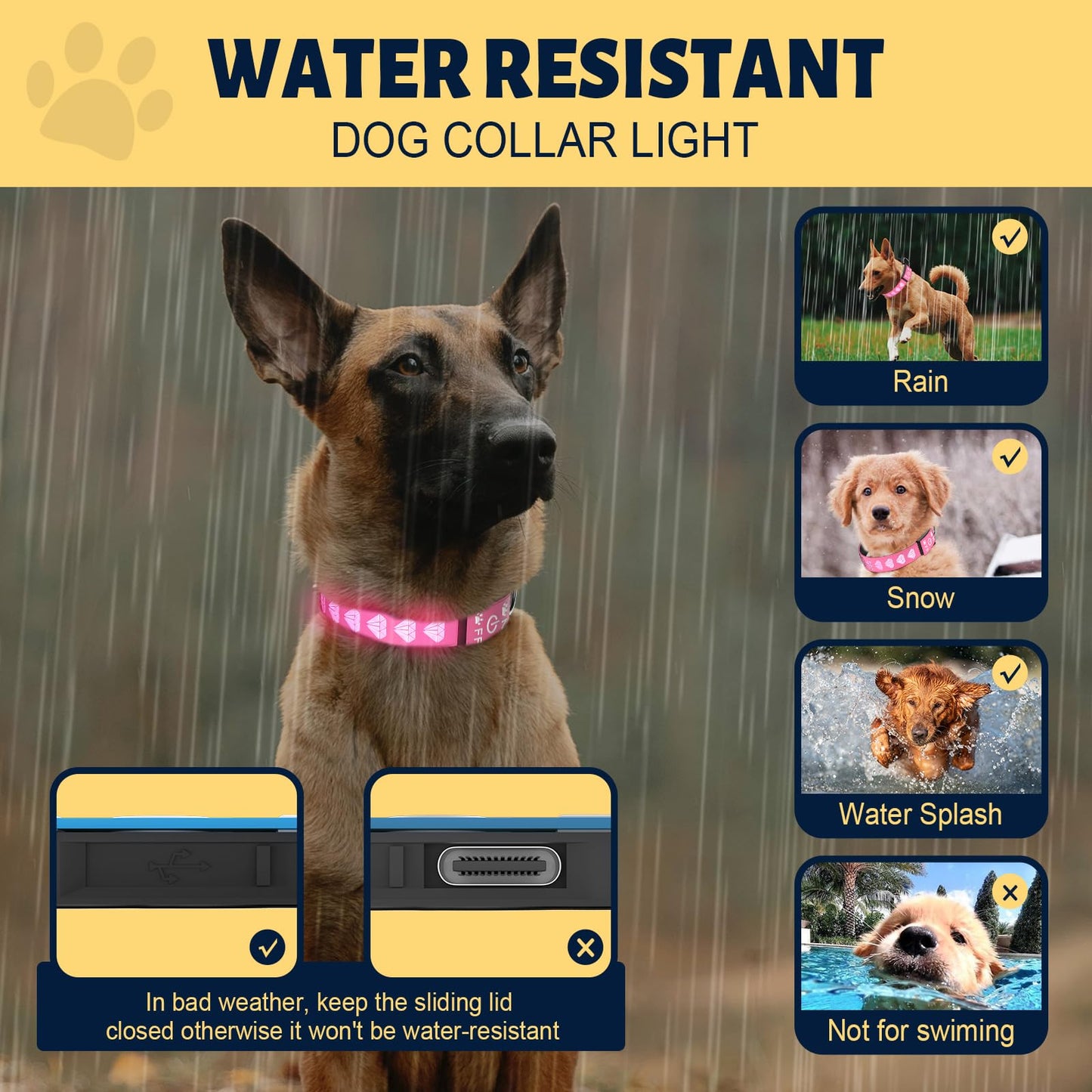 Light Dog Collar Rechargeable LED Dog Collars 15 Lighting Colors High Visible Light Up Dog Collars Adjustable Waterproof Bright Glowing Pet Collar for Night Walk, Pink