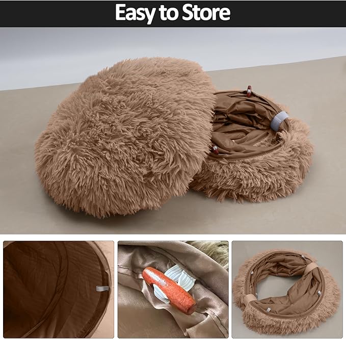 Cat Tunnel Bed for Indoor Cats - Cute Cat Donut Tunnel Toys with Washable Circle Cushion, Round Pet Peekaboo Cave Toy for Kitten/Puppy/Rabbit (Brown)