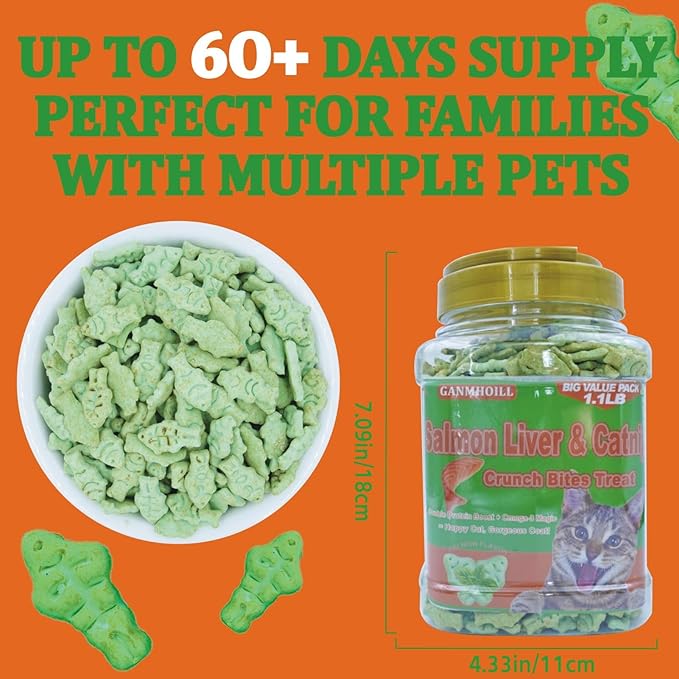 1.1 lb/500g Cat Grass Treats for Indoor Cats - 17.6 oz Natural Salmon & Catnip Flavor, Healthy Snacks for All Life Stages, Crunchy Training Biscuits with Dental Care & Hairball Control