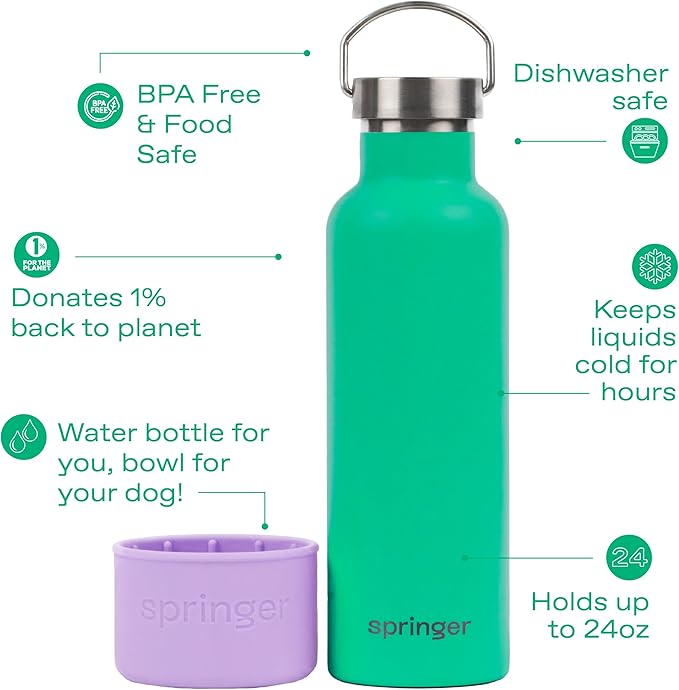 Springer Dog and Me 24oz Stainless Steel Insulated Water Bottle - Cold for 12+ Hours – Portable Dog Water Bottle with Integrated Travel Water Bowl for Dogs, Portable Dog Water Bottle – Lilac/Green