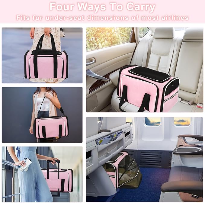 Cat Carrier Airline Approved Pet Carrier, Expandable Foldable Soft-Sided Dog Carrier, 3 Open Doors, 2 Reflective Tapes, Pet Travel Bag Safe and Easy for Cats and Dogs(Pink)