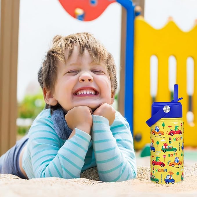 Kid Water Bottle 12oz with Straw Lid - 2-Pack Insulated Stainless Steel Water Bottles for Kids Boys Girls - Travel Cup for School Sports, Construction & Transportation