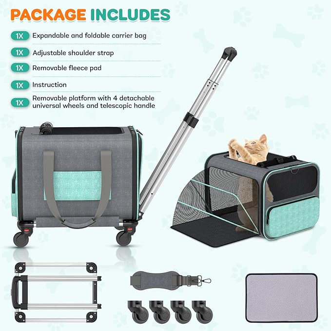 Cat Carrier with Wheels Airline Approved: Betopet Expandable Rolling Dog Carrier for Small Dog Under 25lbs - Cat Soft Carrier Pet Travel Bag TSA Approved Under Seat for Airplane Transport Flight