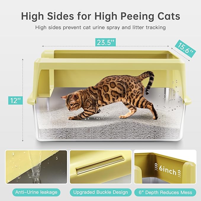 Stainless Steel Litter Box with High Side, XXL Extra Large Cat Litter Box for Big Cats & Multiple Cats, Non-Sticky, No Urine Leakage, Easy Clean Cat Litter Pan Include Scoop