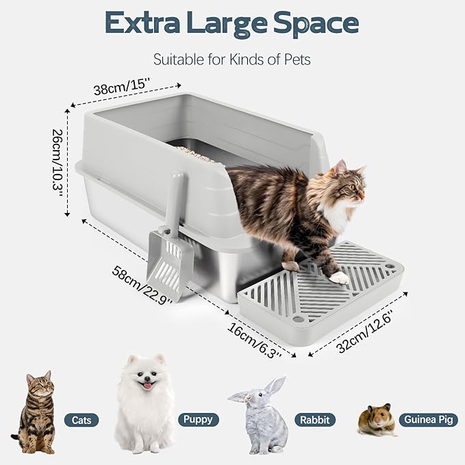 3 Pack Stainless Steel Litter Box, XL 22.9” x 15” x 10.3” High Sided Metal Cat Litter Tray with Scoop, Filter Pedal for Anti-Splash, Non-Sticky, Easy to Clean (Light Grey)