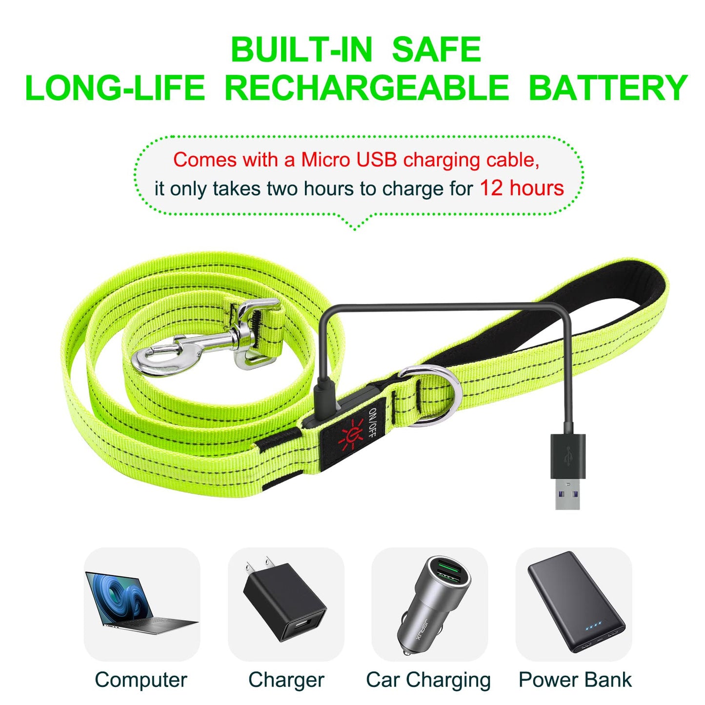 Led Light Up Dog Leash - 4 Ft Rechargeable Waterproof Nylon Reflective With Padded Handle for Night Walking, Safety Glow in The Dark for Large Medium Small Pets