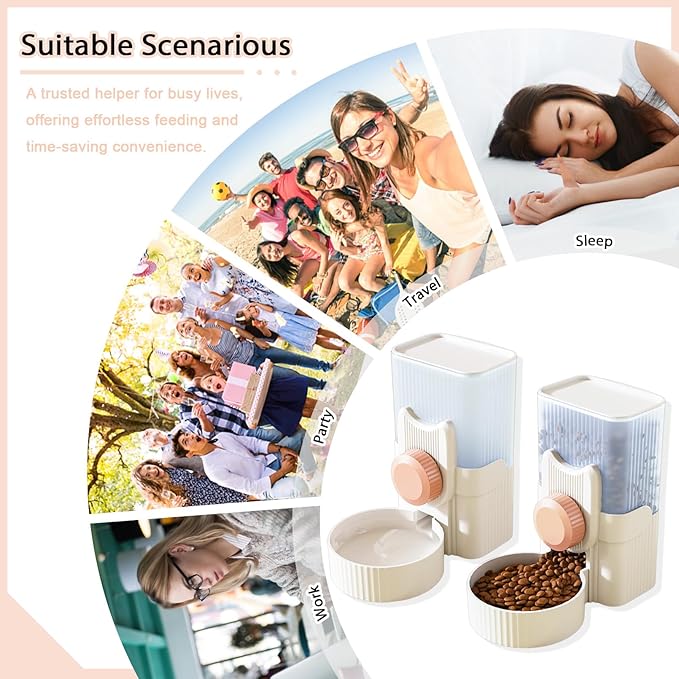 Hanging Automatic Pet Feeder Water Dispenser Set, 35oz Rabbit Food Bowl Water Bottle Cage-Mounted Gravity Hanging Feeder for Small Pets Rabbits Ferrets Cats Dogs Guinea Pigs (Pink)