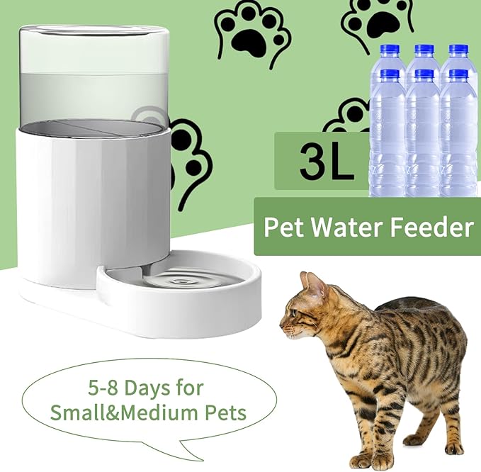 RIZZARI Gravity Water Bowl Dispenser for Cats: 3L White 100% BPA-Free Automatic Dispenser Home Use