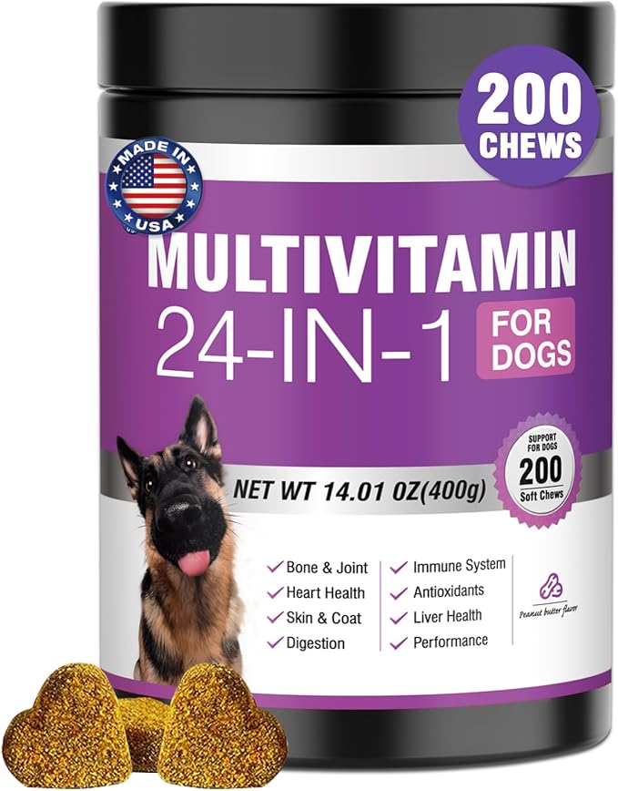 24-in-1 Dog Vitamins and Supplements 200 Ct Dogs Multivitamin Chewable Contain Chondroitin Probiotics Omega-3 Glucosamine for Dogs Skin Coat Heart Joint Gut Digestion Liver Brain Eyes Immune Support
