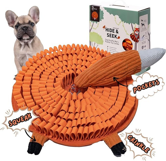 POPUPJOYS Durable Hide & Seek Snuffle Mat for Dogs, 2-in-1 Enrichment Puzzle Toy with Detachable Tail & Squeaker, Adjustable Difficulty Level with Suction, Machine Washable, Gift-Ready (Fox)
