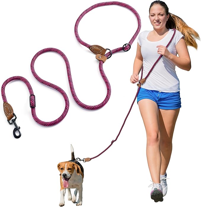 Mile High Life Hands Free Dog Leash, Crossbody Waist Leash with Genuine Leather Connection, Multifunctional Adjustable Slip Lead for Dog Walking Running (Hot Pink, 8FT)