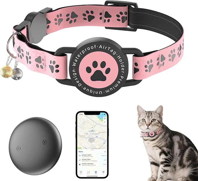 Airtag Cat Tracker Collar Waterproof - Airtag Cat Collar Breakaway - Smart Pet Activity Tracker - Breakaway Tractive with Reflective Pattern - Comfortable Padding, Adjustable (Pink)