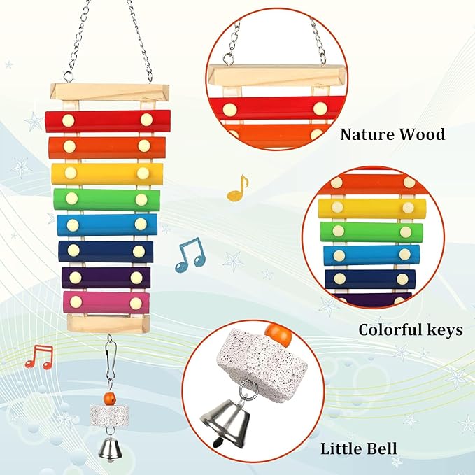 Large Parrot Suspensible Xylophone Toy, Multicolored Natural Wooden Bird Chewing Toys with Grinding Stone for Large, Medium Birds, Macaws, African Grey, Cockatoos, Amazon