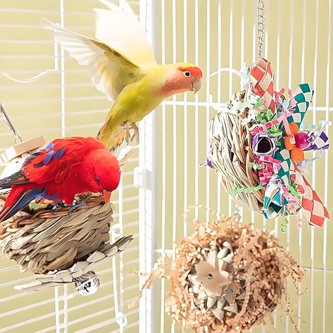 Handwoven Natural Parrot Chew Toys for Small Birds Organic Fiber Foraging Toys with Hanging Chain Cockatiel Budgie Conure Cage Accessories