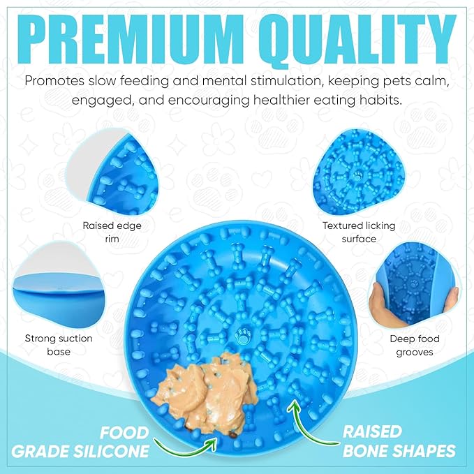 Lick Mat Bowl for Dog–Easy-to-Clean, Non-Slip Design BPA-Free Silicone Lick Mat–Great for Yogurt, or Peanut Butter–Fun Enrichment Slow Feeder & Interactive Dog Toy for Anxiety and Boredom Relief–Blue