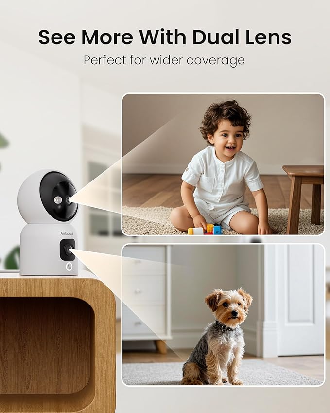 Anlapus 2 x C528 4MP Dual Lens(2MP+2MP) Indoor Security Camera, Motion Detect, Auto Track, Plug-in, 360° WiFi Pan/Tilt Camera, 2.4GHz WiFi, Two-Way Talk, Light & Siren Alert, Memory Card Not Include