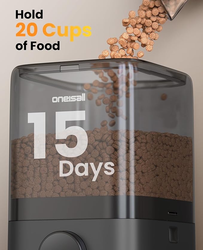 oneisall Wireless WiFi Automatic Cat Feeders 2 Cat, Rechargeable 100-Day Battery Operated Timed Cats Feeder, 20 Cups/5L Cats Food Dispenser Automatic for Large Kibble, Smart App Control.