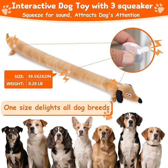 Squeaky Plush Dog Toy for Aggressive Chewer, Stuffed Animal Toy with Squeaker, Durable Interactive Puppy Chew Toy for Boredom, tug-of-war, Small Medium Large Breed(39.5“ Long Dog)