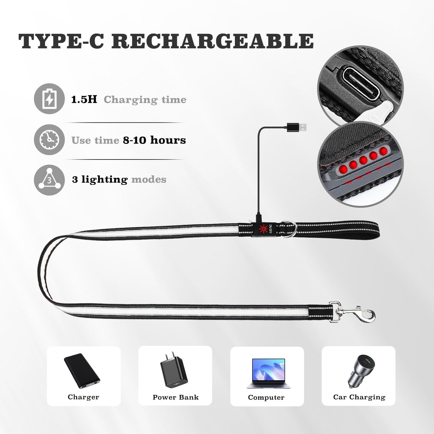 Multi-Color Light Up Dog Leash 4FT Color Changing 7 Lighting Modes Rechargeable Reflective LED Lighted Glow Dark Leash for Night Walking for Small Medium Large Dogs Blue Green Pink