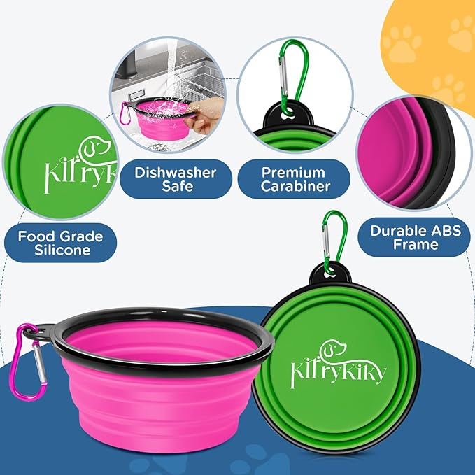 Collapsible Dog Bowls Medium, 2 Pack 22oz Portable Travel Dog Bowls, Foldable Water Bowl for Dogs Cats, Pet Feeding Watering Dish with Carabiner, Food Grade Silicone BPA Free(Pink+Green, M)