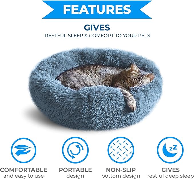 Whiskers & Friends Cat Bed, Cat Beds for Indoor Cats Washable, Orthopedic Soft Fluffy Round Calming Pet Bed for Small to Large Kitty Kittens & Dogs, Small Dog Beds & Furniture