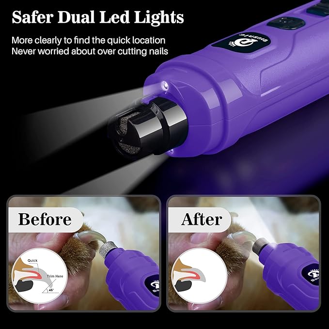 BOUSNIC Dog Nail Grinder with 2 LED Light - Super Quiet Pet Nail Grinder Powerful 2-Speed Electric Dog Nail Trimmer File Toenail Grinder for Puppy Small Medium Large Breed Dogs & Cats (Purple)