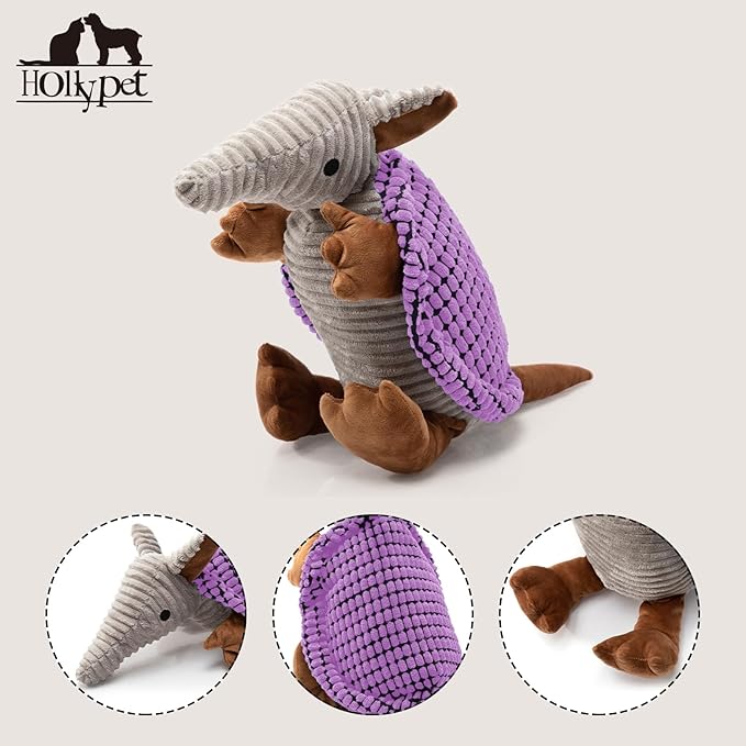 Hollypet Plush Dog Squeaky Toy Stuffed Armadillo Animal Pet Puppy Chew Toys with Clean Teeth for Small Medium Large All Breed Sizes Dogs, Purple, 10 in