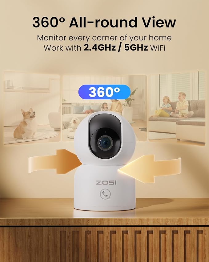 ZOSI 2K Indoor Pan/Tilt Security Camera, 2 Pack 2.4G/5G Dual-Band WiFi Smart Home Cam, 360 Degree Baby Pet Monitor with Phone App,Human Detection,2 Way Audio,Cloud & Memory Card Storage, Plug-in