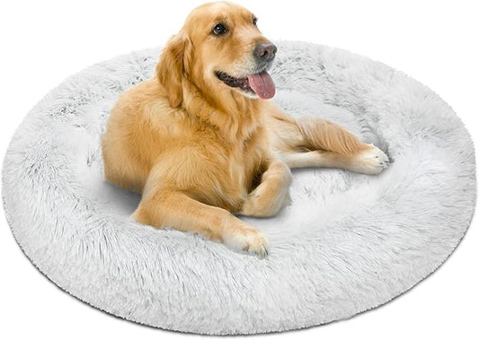 Friends Forever Donut Dog Bed Faux Fur Fluffy Calming Sofa For Large Dogs, Soft & Plush Anti Anxiety Pet Couch For Dogs, Machine Washable Coco Pet Bed with Non-Slip Bottom, 36"x36"x8" Ivory