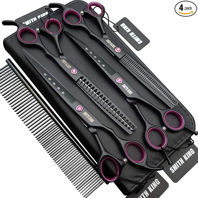 7.0 inches Professional Dog Grooming Scissors Set Straight & thinning & Curved & chunkers 4pcs in 1 Set (with Comb)