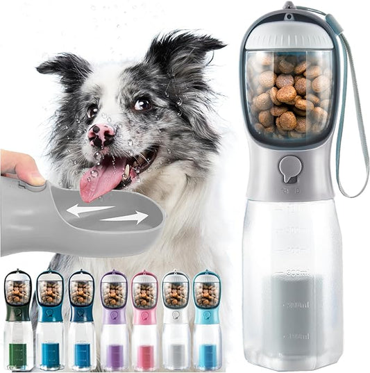 Portable Water Bottle for Dogs, 3 in 1 Pet Travel Bowl Dispenser with Food Treat Container & Poop Bag Holder, Summer Walking Hiking Accessories for Large Dog On The Go - Gray, 20oz