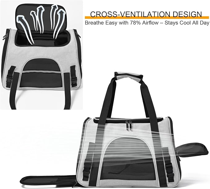 Dog Cat Carrier Soft for Small Pet Up to 16 Lbs TSA Airline Approved Travel Carrier Collapsible Puppy Car Mesh Bag 17.5 * 10.2 * 11.4 inch - Grey & Black