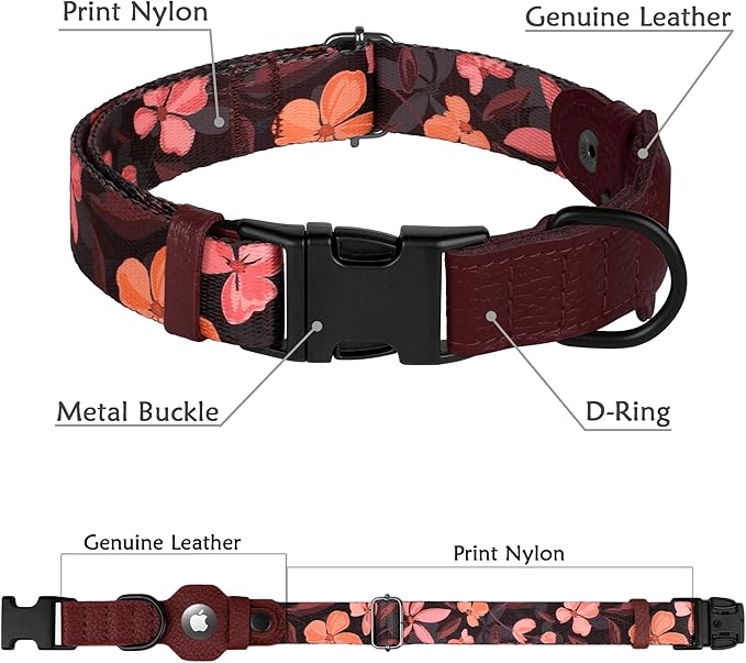 AirTag Dog Collar with Metal Buckle - Soft Leather Printed Nylon Dog Collar with Apple AirTag Holder - Cute Tracking GPS Pet Collars for Girl Boy Small Large Dogs (M, 14"-18" Neck Fit, Crossandra)