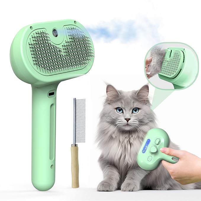 Pet Grooming Brush with Electronic Mist Spray - Gentle Deshedding Tool for Cats & Dogs, Pet Steam Brush,Reduces Shedding, Soft Bristles, Promotes Healthy Coat-Comes with a hair smoothing comb-Greener