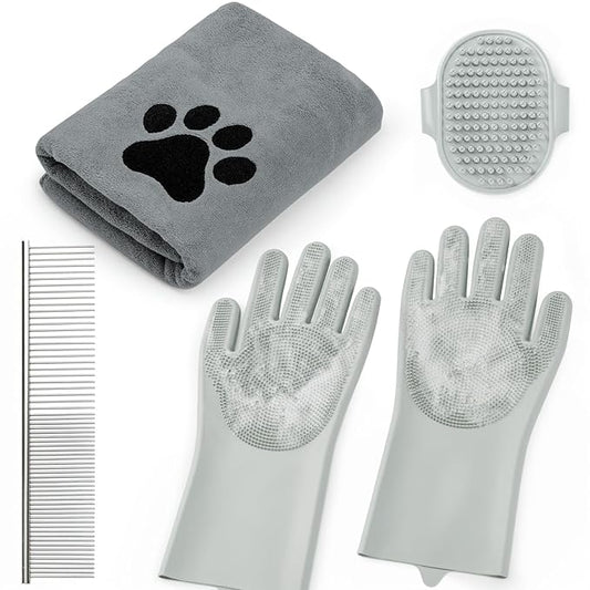 Pet Shower & Bath Supplies,Dog Shampoo Brush Set with Towel, Washing Gloves,Comb for Dogs and Cats (Grey)