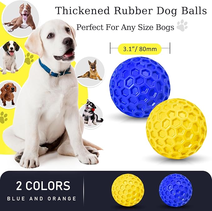 2 Pack Indestructible Squeaky Dog Balls for Aggressive Chewers, Durable Rubber Chew Toys for Teething, Anxiety Relief Perfect for Large, Medium Breeds, Indoor Outdoor Use