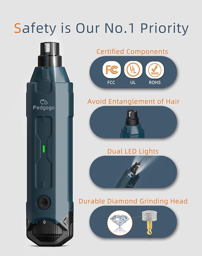 Dog Nail Grinder Super Quiet (45 db) 6-Speed Pet Nail Grinder with 2 LED Lights 12000RPM & 3 Grinding Ports 4 Extra Grinding Heads with Dust Cap Dog Nail Trimmer for Large Medium Small Dogs