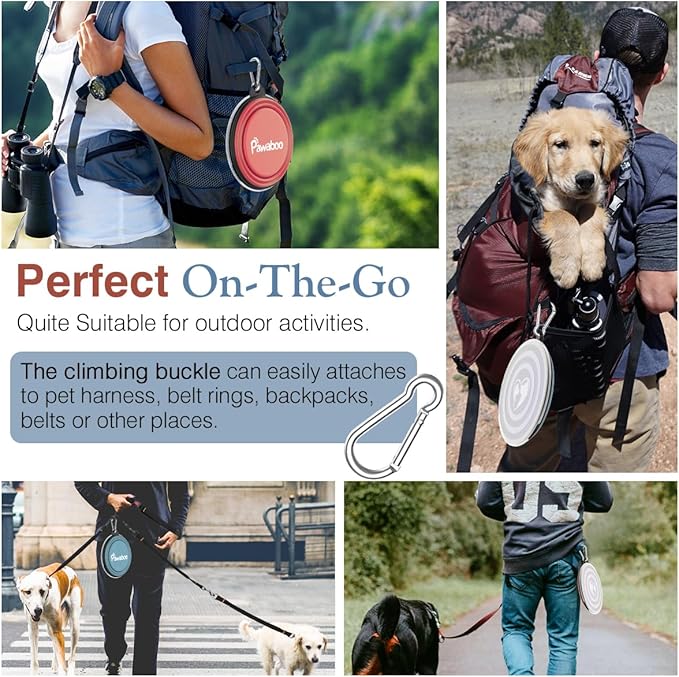 Pawaboo Collapsible Dog Bowls 2 Pack, Silicone Feeding Watering Bowls with Lids & Carabiners for Dogs Cats, Portable Water Feeder Food Bowl for Walking Traveling Home Use, Light Pink + Blue