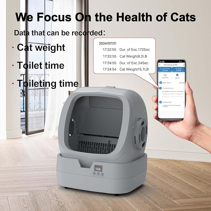 Automatic Self-Cleaning Cat Litter Box with APP-Controlled, Weight Tracking ā 86L Ultra-Quiet, Smart Health Monitor, and Safe Anti-Pinch Design (Assembly Required) -Light Grey