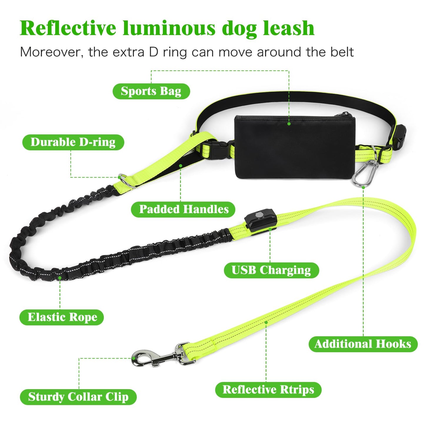 LED Hands Free Dog Leash, Waist Leash for Dog Walking, Retractable Bungee Light Up Dog Leash, LED Handless Dog Running Leash, Reflective Running Leash for Jogging Training Hiking (Green)