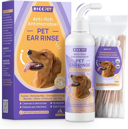 HICC PET Ear Cleaner for Dogs & Cats Vet-Recommended Dog Ear Infection Treatment Drops to Soothe Itchy & Inflamed - Daily Care Dog Ear Cleaner for Gently Removes Debris, Wax Buildup, Odor - 4 Fl oz