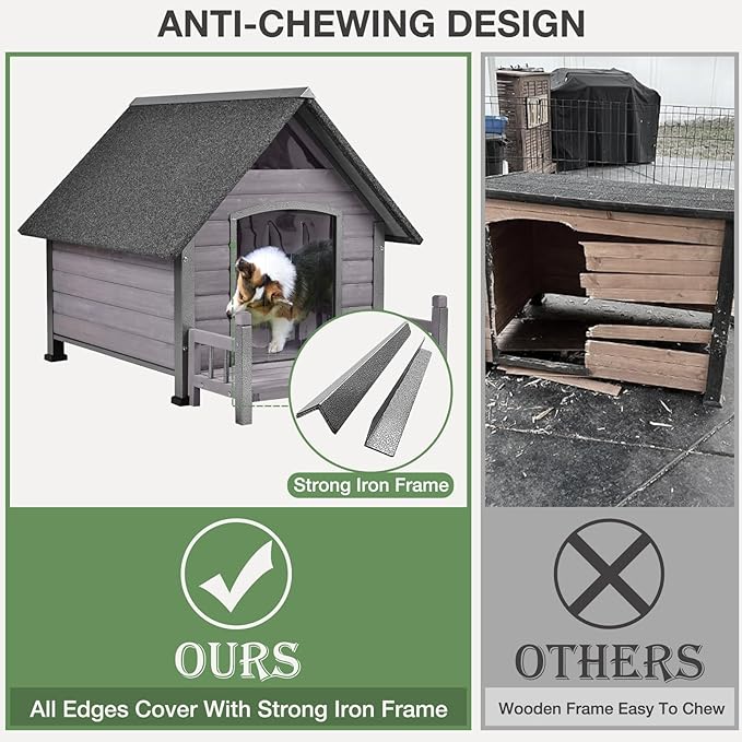 Large Dog House Outdoor Indoor All-Around Iron Frame Design Dog House with Porch&Raised Feet for Small Medium Large Dogs(Grey)